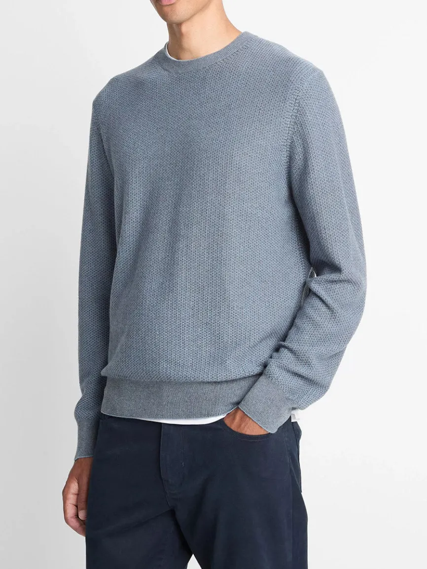 Vince Geo-Jacquard Wool-Blend Crew Neck Sweater in Parlor Blue/Medium Heather Grey