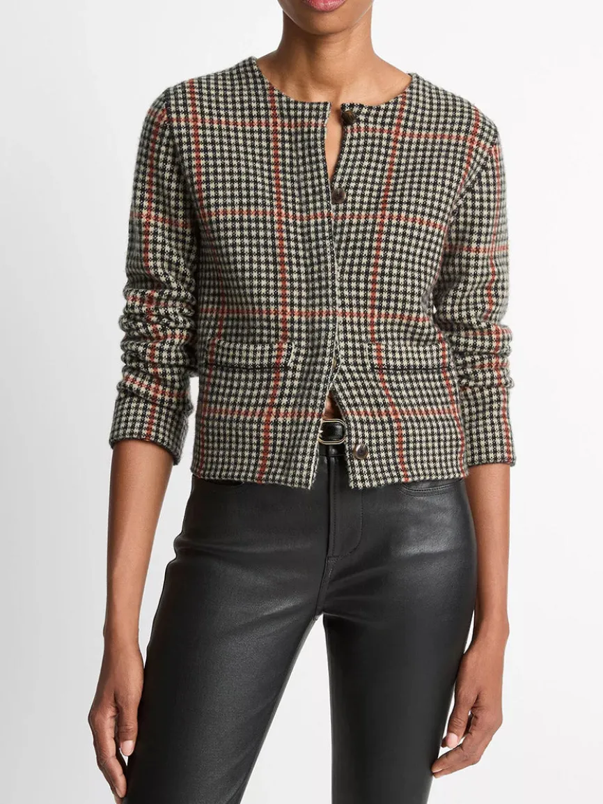 Vince Glen Plaid Wool-Cashmere Cardigan Jacket in Cobblestone/Black Combo