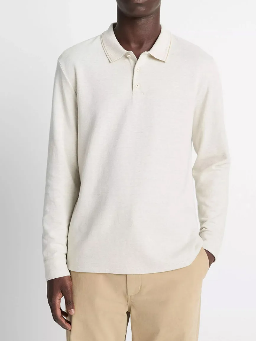 Vince Heathered Double-Face Cotton-Blend Polo Shirt in Heather Blanco/Terrapin