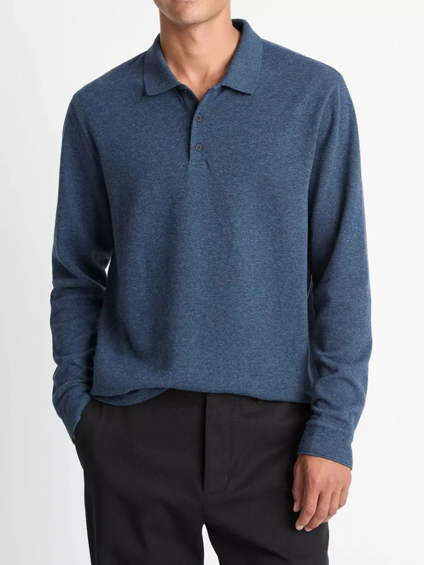 Vince Heathered Double-Face Cotton-Blend Polo Shirt in Heather Coastal Blue/Heather Fog