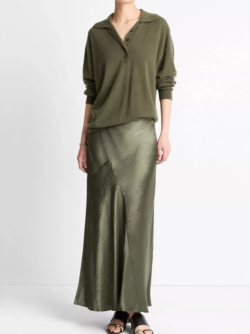 Vince Paneled Satin Bias Skirt in Herba