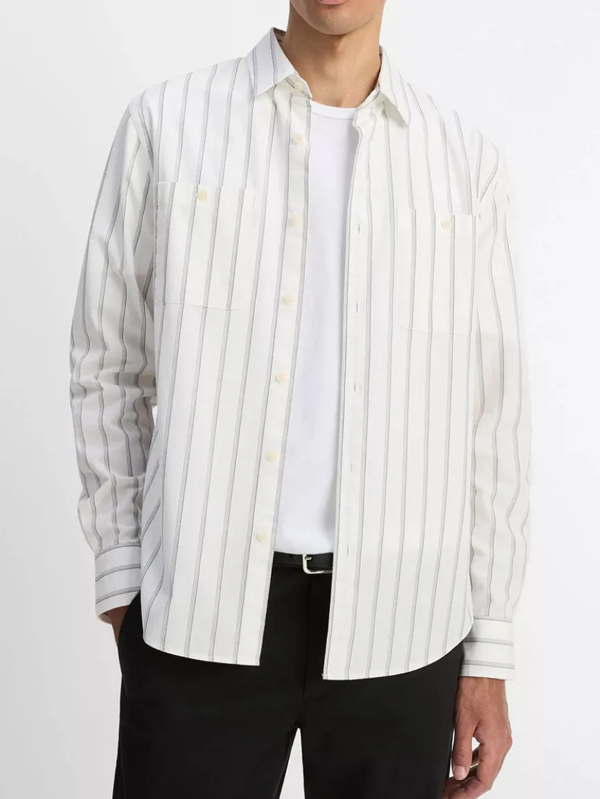 Vince Port Stripe Cotton Button-Front Shirt in Off White/Smoke