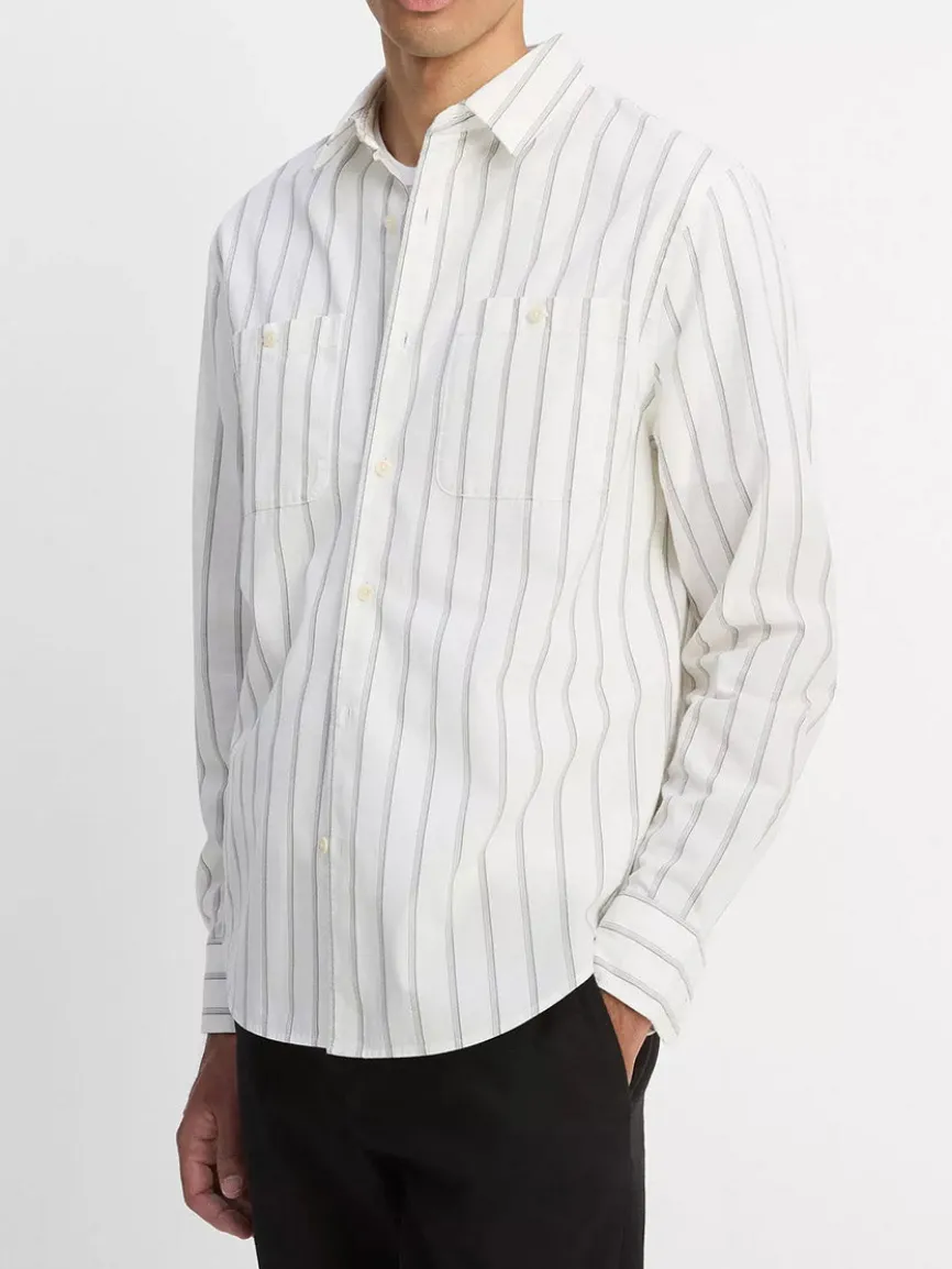 Vince Port Stripe Cotton Button-Front Shirt in Off White/Smoke