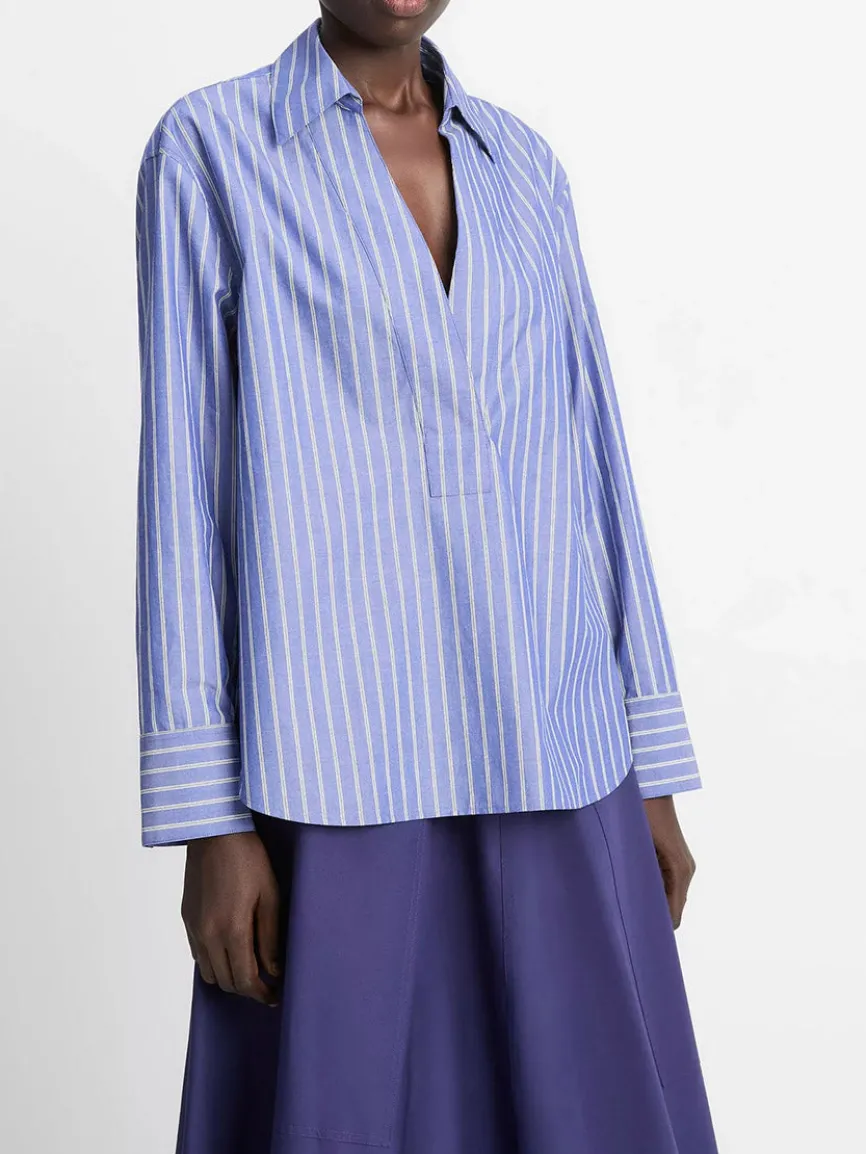 Vince Striped Cotton Relaxed Popover Shirt in Pale Twilight