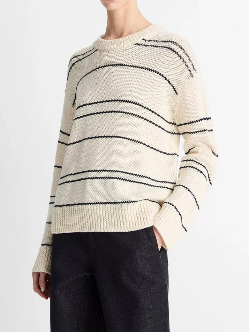 Vince Variegated Stripe Wool-Blend Sweater in Oat Shell/Navy