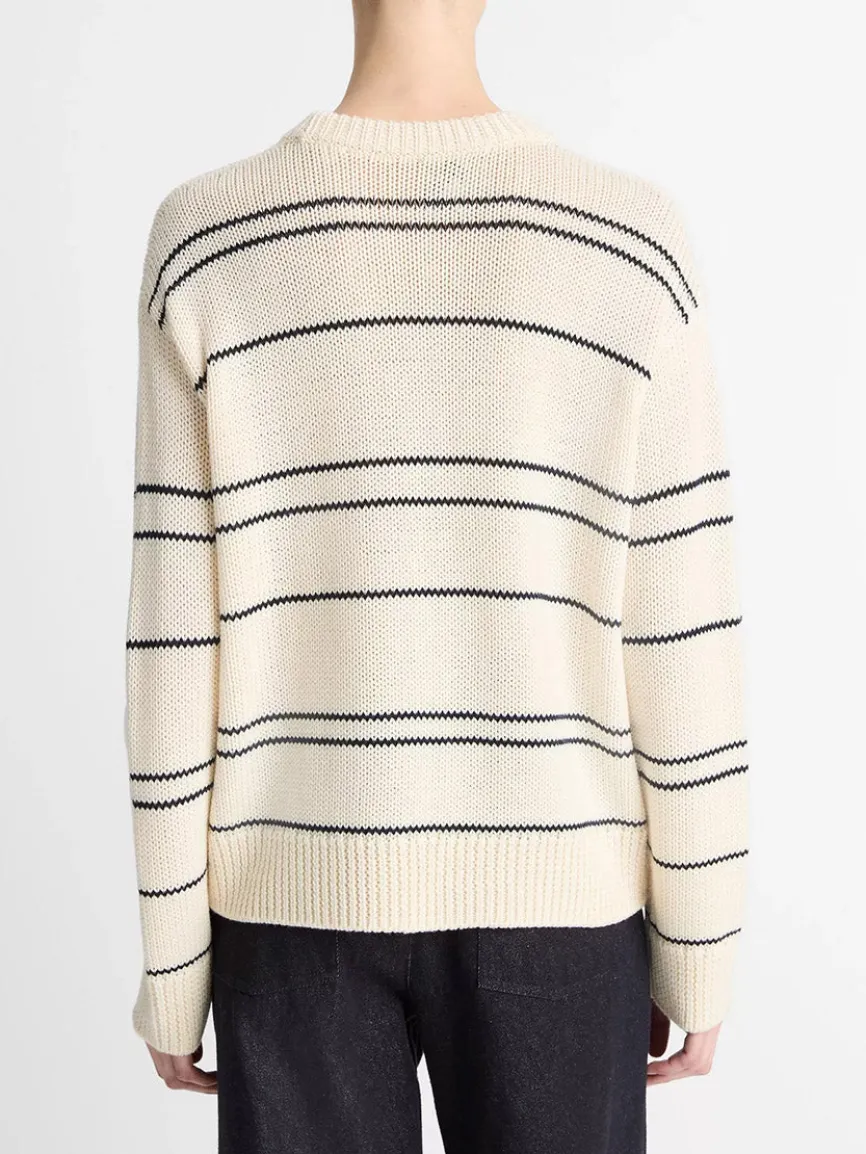 Vince Variegated Stripe Wool-Blend Sweater in Oat Shell/Navy