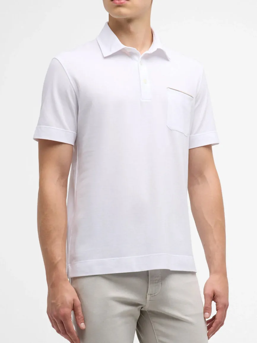 Zegna Polo Pure Cotton Piqué with Leather Trim Pocket in White